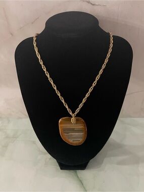 Vintage Southwestern Style Large Agate Slice Pendant Gold Leaf Top